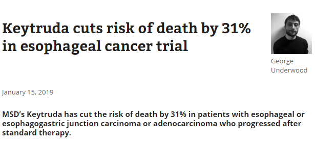 派姆单抗（K药）在食管癌试验中将死亡风险降低了31％！（附K药大盘点）